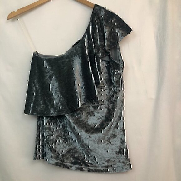 NWOT TART Ruffled One Off Shoulder Velvet Top Grey Velour Ruffle Sleeveless SM - Picture 2 of 7